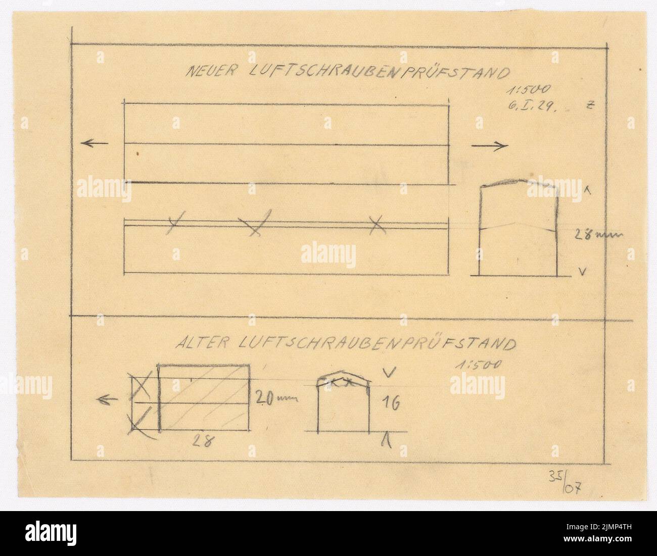 Poelzig Hans (1869-1936), Deutsches Luftfahrtinstitut für Luftfahrt, Berlin-Britz (06.01.1929): Alter Luftschraubenprüfstand und neuer Luftschraubenprüfstand 1: 500. Bleistift auf Transparent, 15,7 x 20,2 cm (inklusive Scan-Kanten) Poelzig Hans (1869-1936): Deutsche Versuchsanstalt für Luftfahrt, Berlin-Britz Stockfoto