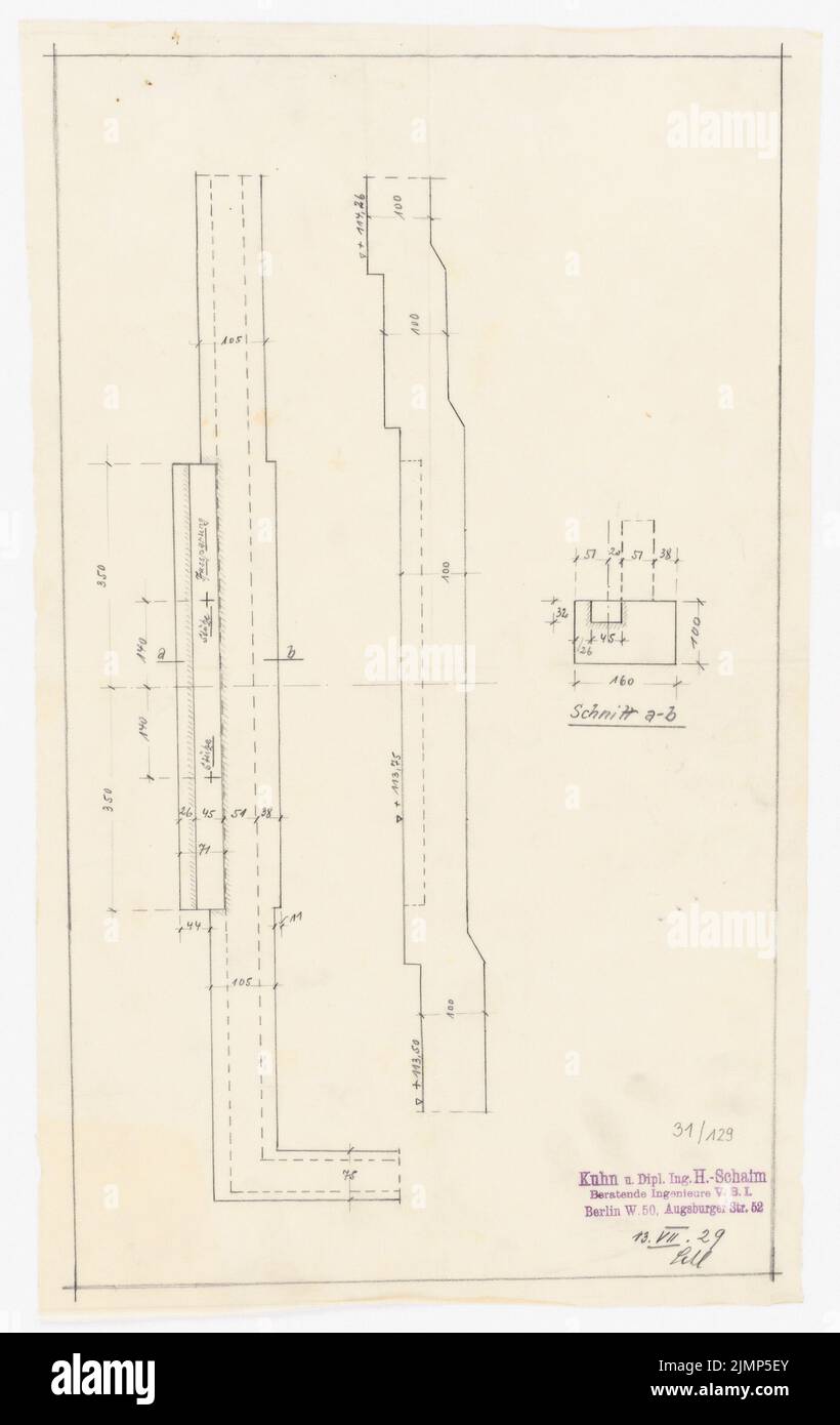 Poelzig Hans (1869-1936), I.G.-Farben in Frankfurt/Main. Testlabor (13. Juli 1929): Schnitt A-B. Bleistift auf Transparent, 41,3 x 26,1 cm (inklusive Scankanten) Poelzig Hans (1869-1936): I.G.-Farben, Frankfurt/Main. Versuchslaboratorium Stockfoto
