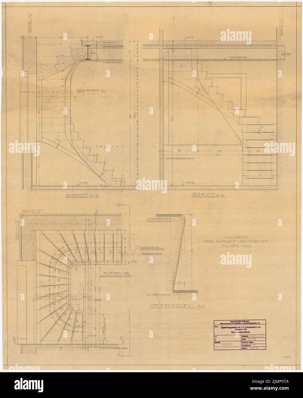 Poelzig Hans (1869-1936), I.G.-Farben in Frankfurt/Main. Experimentallabor (04.10.1929): Treppe Farbstoff für Fremdmuster 1:10, 1: 1. Bleistift auf Transparent, 97,5 x 79,4 cm (inklusive Scankanten) Poelzig Hans (1869-1936): I.G.-Farben, Frankfurt/Main. Versuchslaboratorium Stockfoto