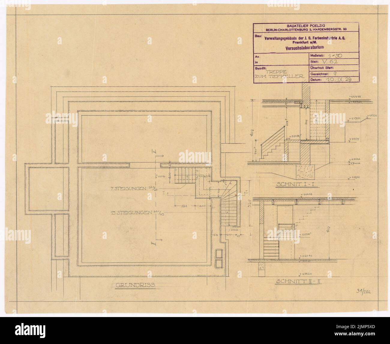 Poelzig Hans (1869-1936), I.G.-Farben in Frankfurt/Main. Testlabor (10. September 1929): Treppe in den tiefen Keller 1:50 Uhr. Bleistift auf Transparent, 41 x 50,4 cm (inklusive Scankanten) Poelzig Hans (1869-1936): I.G.-Farben, Frankfurt/Main. Versuchslaboratorium Stockfoto