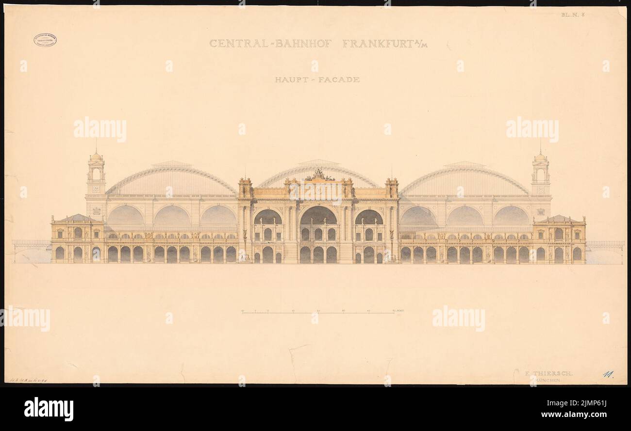Thiersch Friedrich von (1852-1921), Hauptbahnhof Frankfurt am Main. Empfangsgebäude (1880): Hauptfassade 1: 200. Tusche Aquarell auf der Schachtel, 76,5 x 124,5 cm (inklusive Scan-Kanten) Thiersch Friedrich von (1852-1921): Hauptbahnhof, Frankfurt/Main. Empfagsgebäude Stockfoto