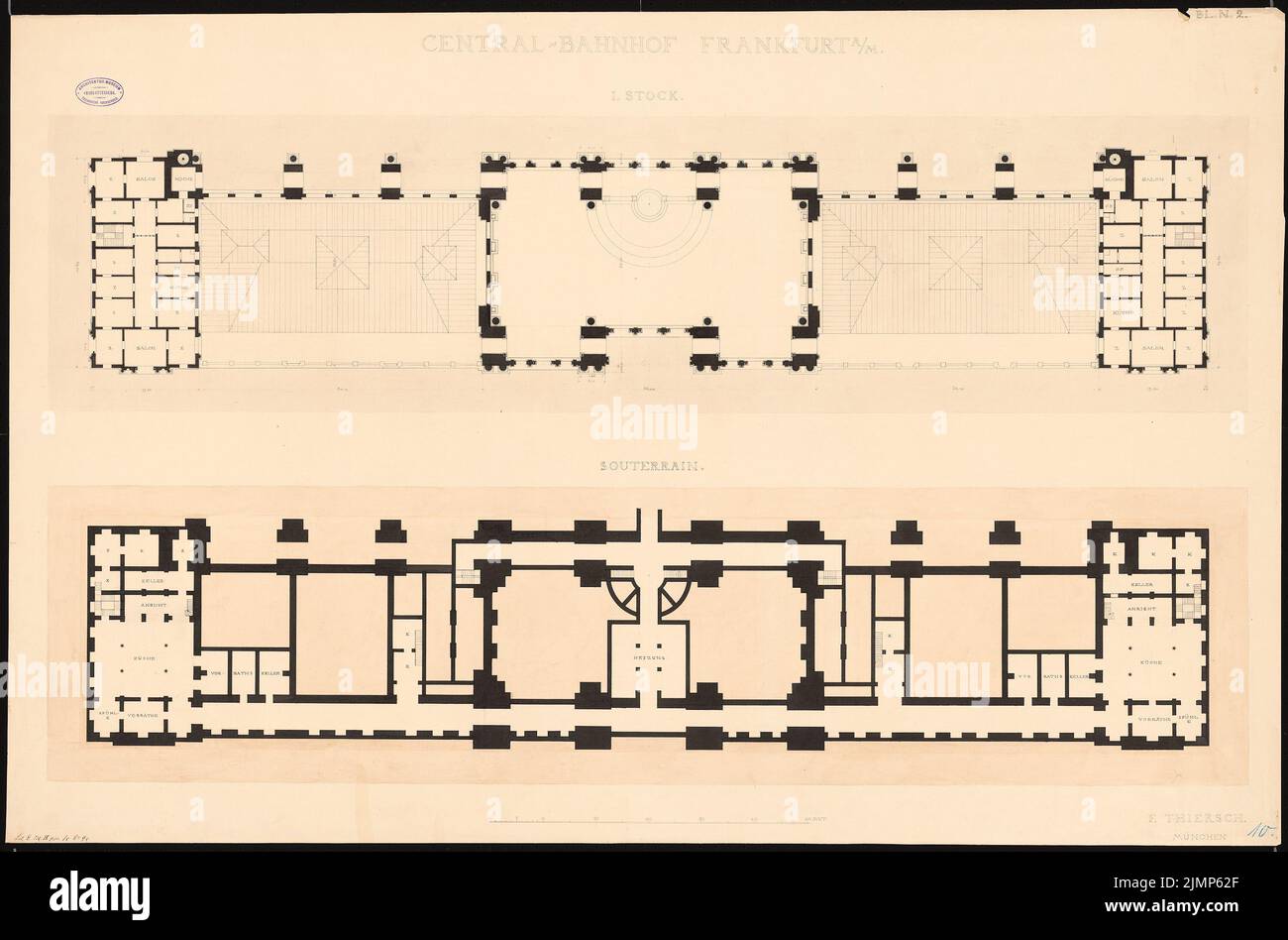 Thiersch Friedrich von (1852-1921), Hauptbahnhof Frankfurt am Main. Empfangsgebäude (1880): Grundriß Keller und 1: 200. Tusche Aquarell auf der Schachtel, 80,3 x 121,5 cm (inklusive Scan-Kanten) Thiersch Friedrich von (1852-1921): Hauptbahnhof, Frankfurt/Main. Empfagsgebäude Stockfoto