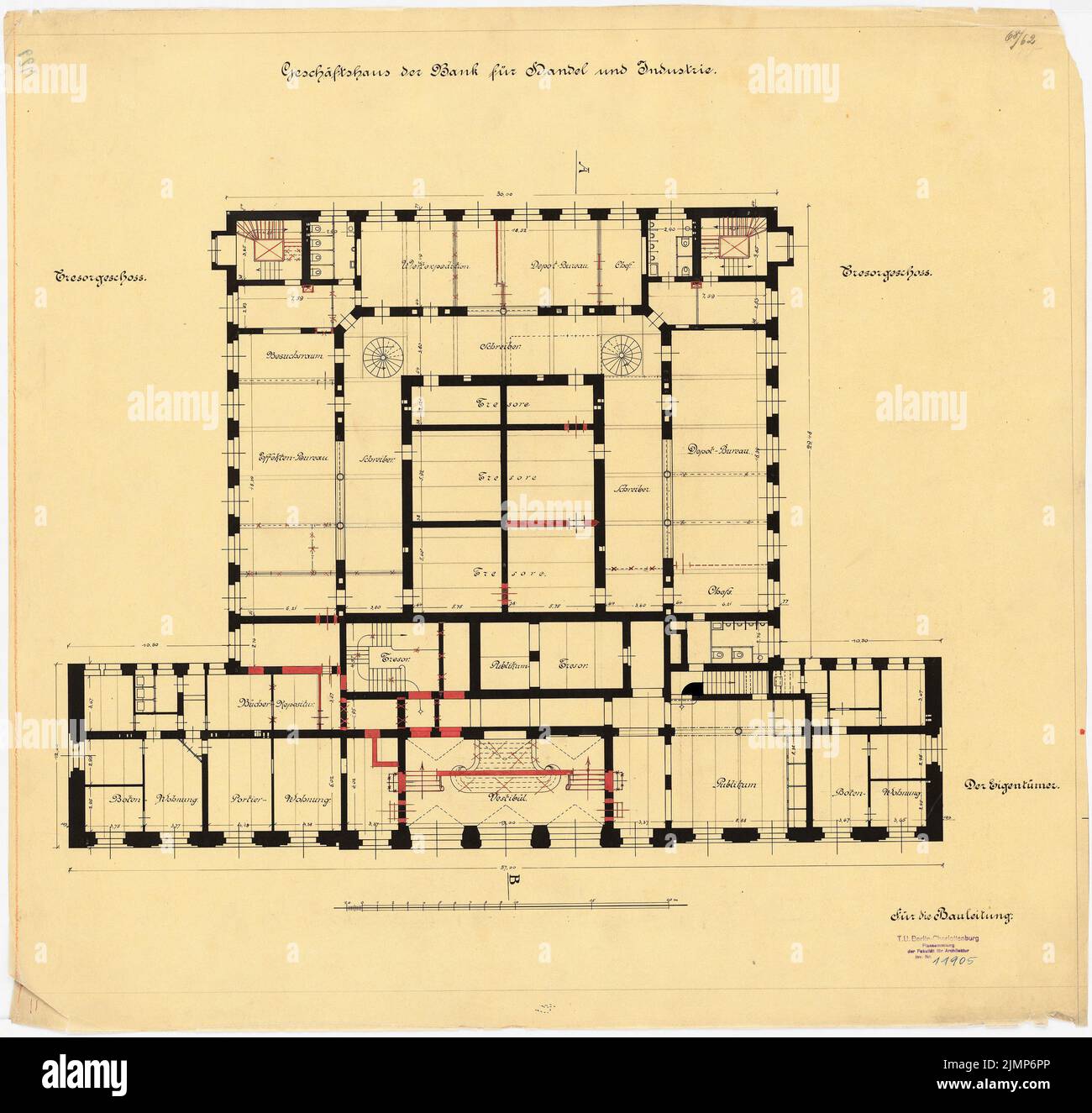 Messel Alfred (1853-1909), Darmstadt Bank für Handel und Industrie, Berlin. Neue Einrichtung (1902-1902): Grundriß, sicherer Boden. Tusche, Bleistift, wasserfarbig auf transparent, 67,1 x 70,6 cm (inklusive Scankanten) Messel Alfred (1853-1909): Darmstädter Bank für Handel und Industrie, Berlin. Neueinrichtung Stockfoto