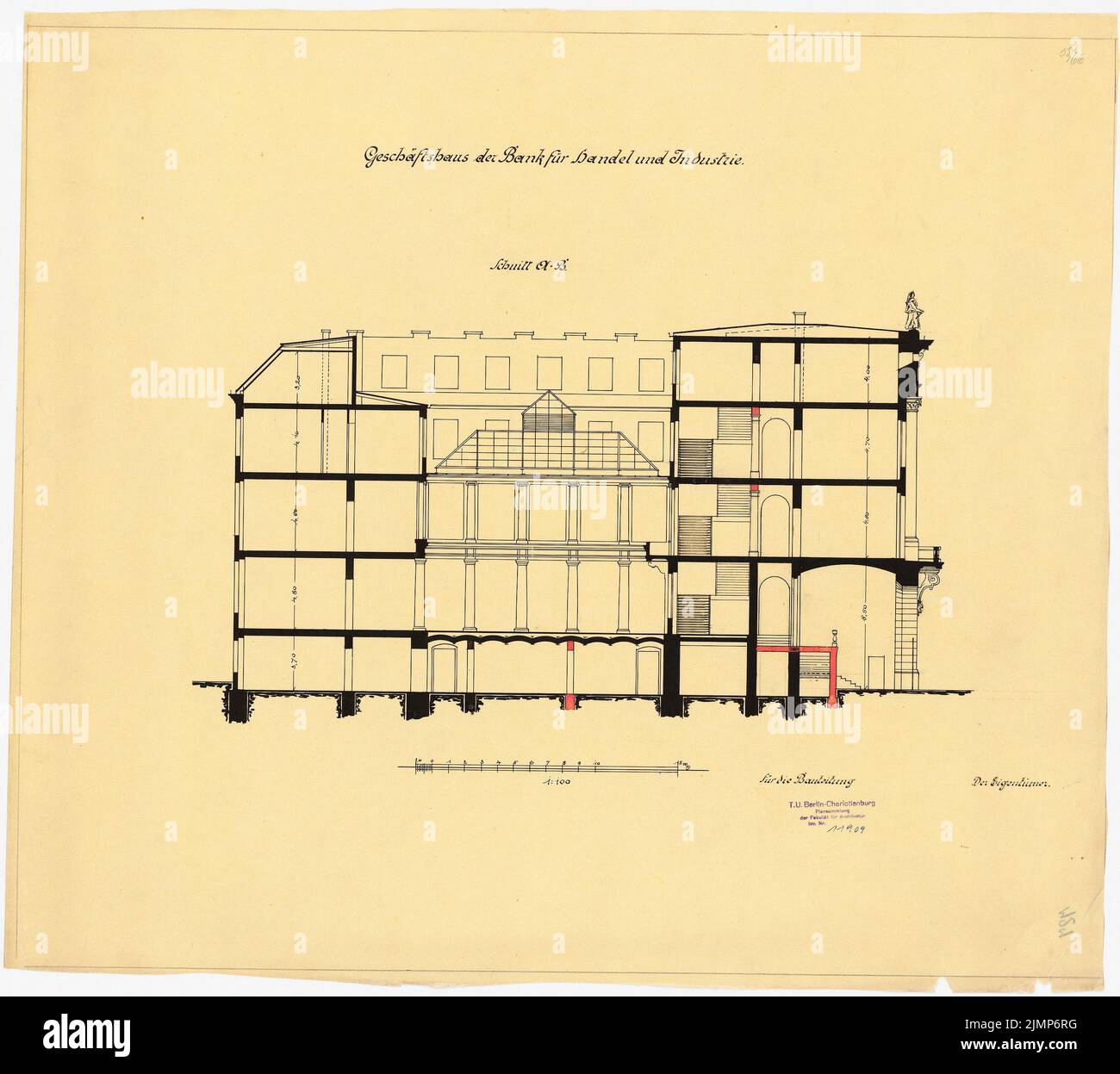 Messel Alfred (1853-1909), Darmstadt Bank für Handel und Industrie, Berlin. Neuaufbau (1902-1902): Längsschnitt 1: 100. Tusche Aquarell auf transparent, 61 x 68,5 cm (inklusive Scankanten) Messel Alfred (1853-1909): Darmstädter Bank für Handel und Industrie, Berlin. Neueinrichtung Stockfoto