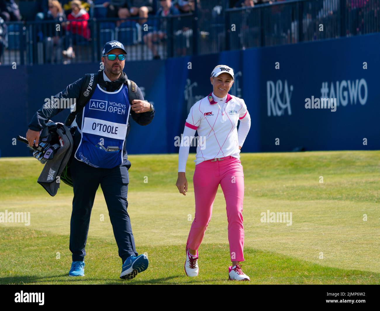 Gullane, Schottland, Großbritannien. 7.. August 2022. Finalrunde der AIG Women’s Open Golf Championship in Muirfield in East Lothian. PIC; Ryann O’ Toole am ersten Loch. Iain Masterton/Alamy Live News Stockfoto