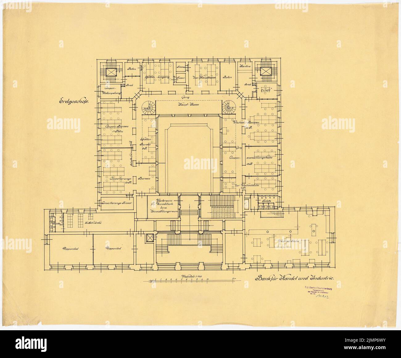 Messel Alfred (1853-1909), Darmstadt Bank für Handel und Industrie, Berlin. Neue Einrichtung (1902-1902): Möbelplan EG 1: 100. Tusche auf Transparent, 64 x 77,6 cm (inklusive Scankanten) Messel Alfred (1853-1909): Darmstädter Bank für Handel und Industrie, Berlin. Neueinrichtung Stockfoto