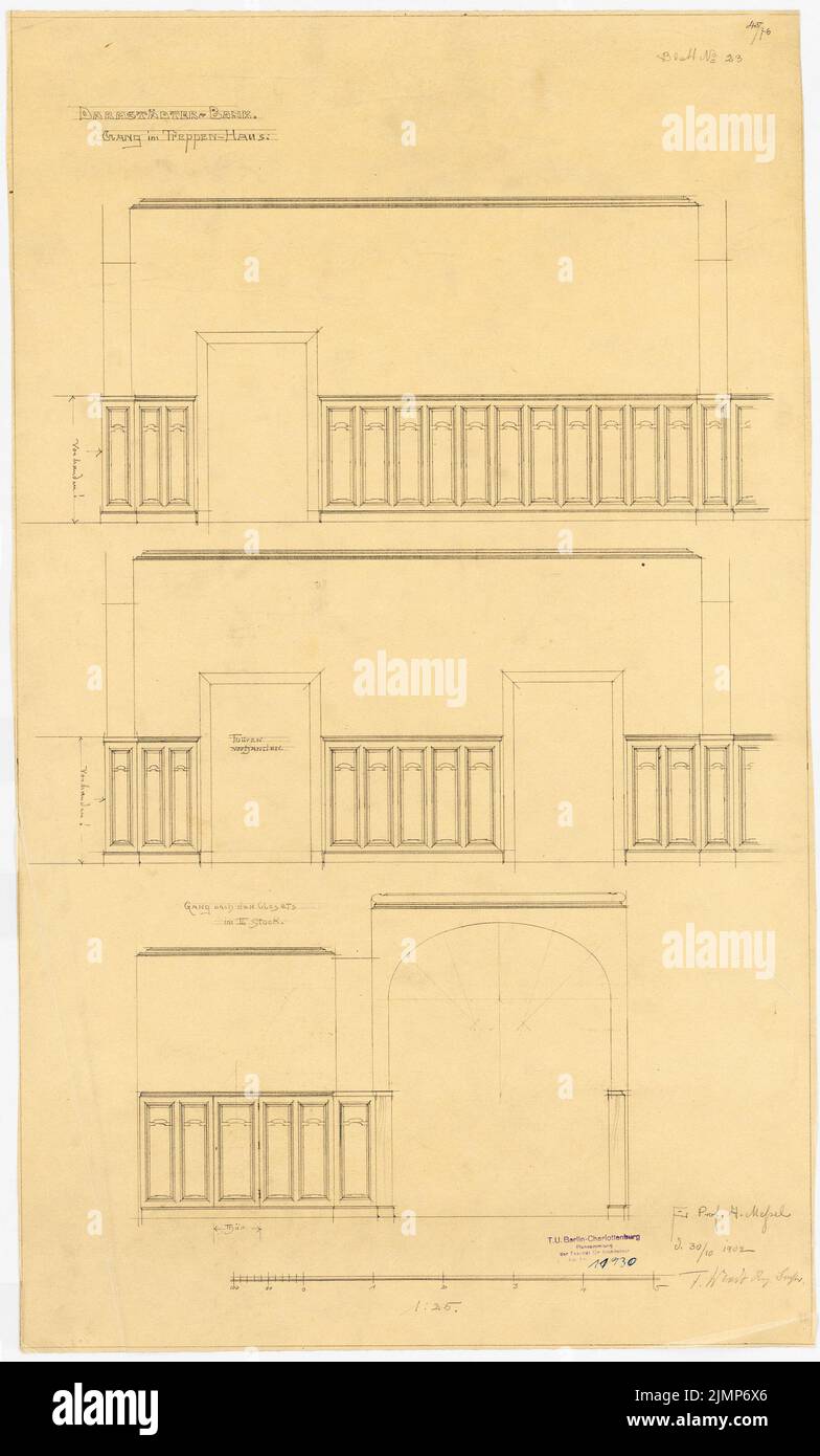 Messel Alfred (1853-1909), Darmstadt Bank für Handel und Industrie, Berlin. Neue Einrichtung (10/30/1902): Wandbekleidung im Treppenhaus 1:25. Bleistift auf transparent, 77,5 x 46,8 cm (inklusive Scankanten) Messel Alfred (1853-1909): Darmstädter Bank für Handel und Industrie, Berlin. Neueinrichtung Stockfoto