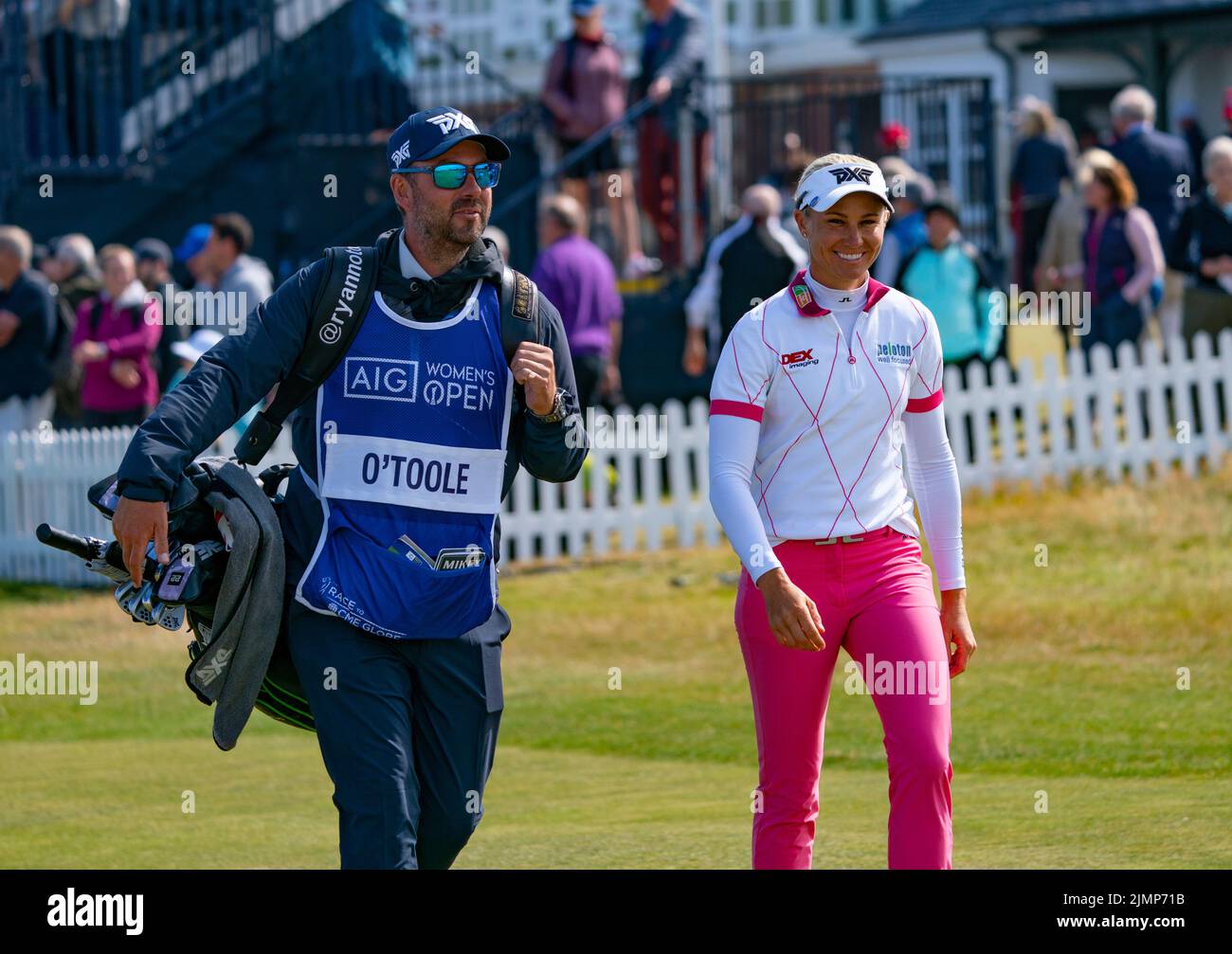Gullane, Schottland, Großbritannien. 7.. August 2022. Finalrunde der AIG Women’s Open Golf Championship in Muirfield in East Lothian. PIC; Ryann O’ Toole am ersten Loch. Iain Masterton/Alamy Live News Stockfoto