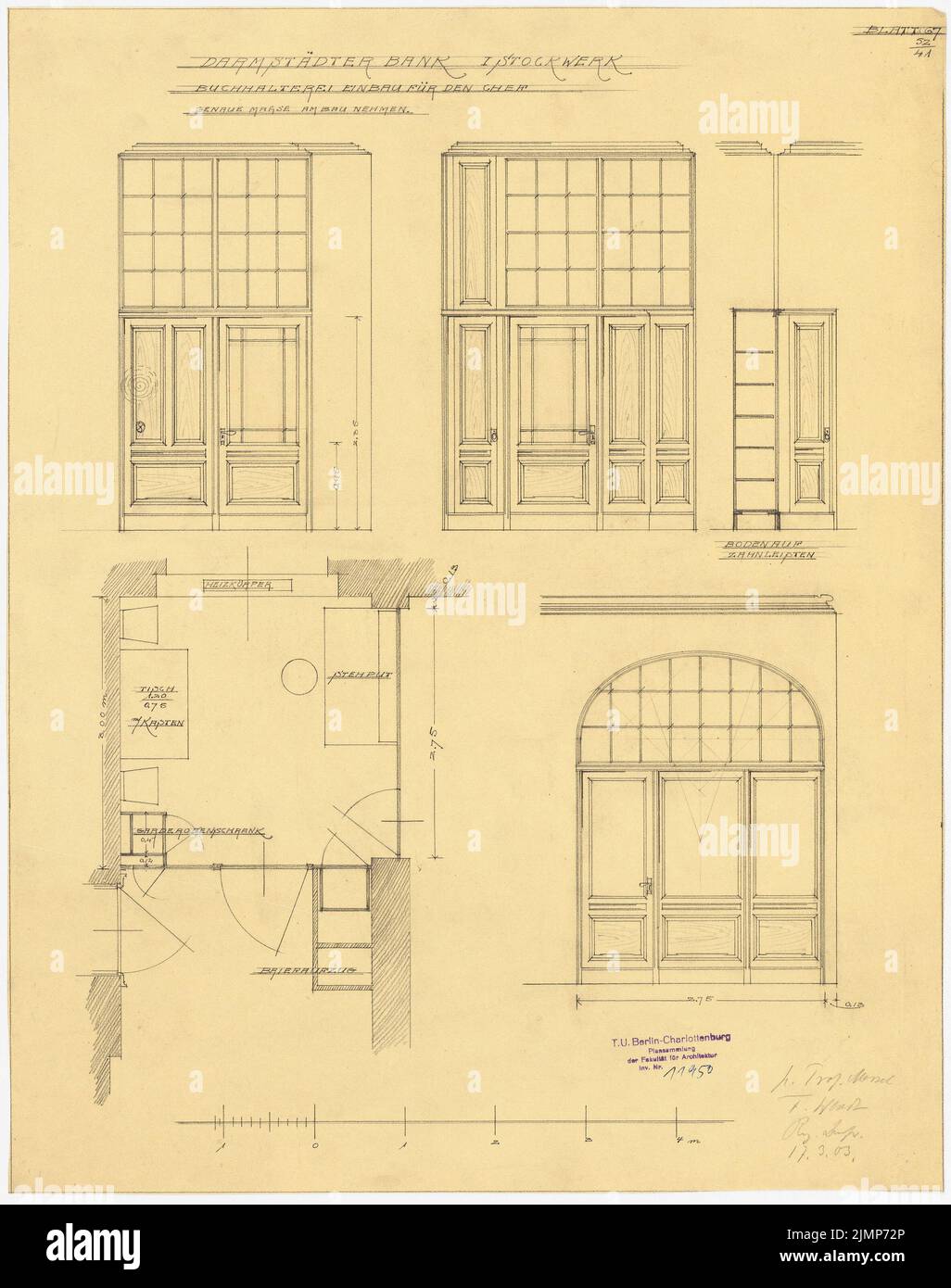 Messel Alfred (1853-1909), Darmstadt Bank für Handel und Industrie, Berlin. Neue Einrichtung (17.. März 1903): Buchhaltung, Chefzimmer. Bleistift auf transparent, 53,2 x 42 cm (inklusive Scankanten) Messel Alfred (1853-1909): Darmstädter Bank für Handel und Industrie, Berlin. Neueinrichtung Stockfoto