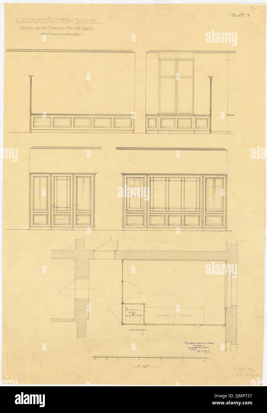 Messel Alfred (1853-1909), Darmstadt Bank für Handel und Industrie, Berlin. Neue Einrichtung (30. September 1902): Grundriß und Ausblick entsprechen dem Hauptraum 1:25 Uhr. Bleistift, Buntstift auf Transparent, 70,4 x 48,7 cm (inklusive Scankanten) Messel Alfred (1853-1909): Darmstädter Bank für Handel und Industrie, Berlin. Neueinrichtung Stockfoto