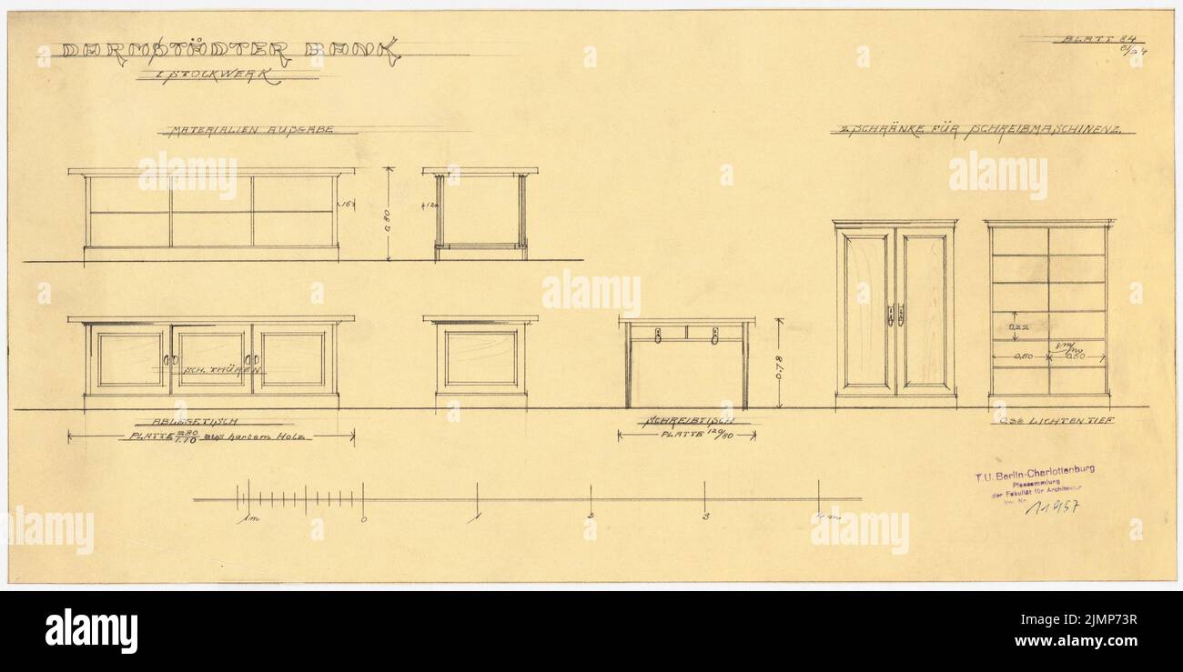 Messel Alfred (1853-1909), Darmstadt Bank für Handel und Industrie, Berlin. Neue Einrichtung (1902-1902): Möbel in der Materialausgabe. Bleistift auf transparent, 25,9 x 51,8 cm (inklusive Scankanten) Messel Alfred (1853-1909): Darmstädter Bank für Handel und Industrie, Berlin. Neueinrichtung Stockfoto