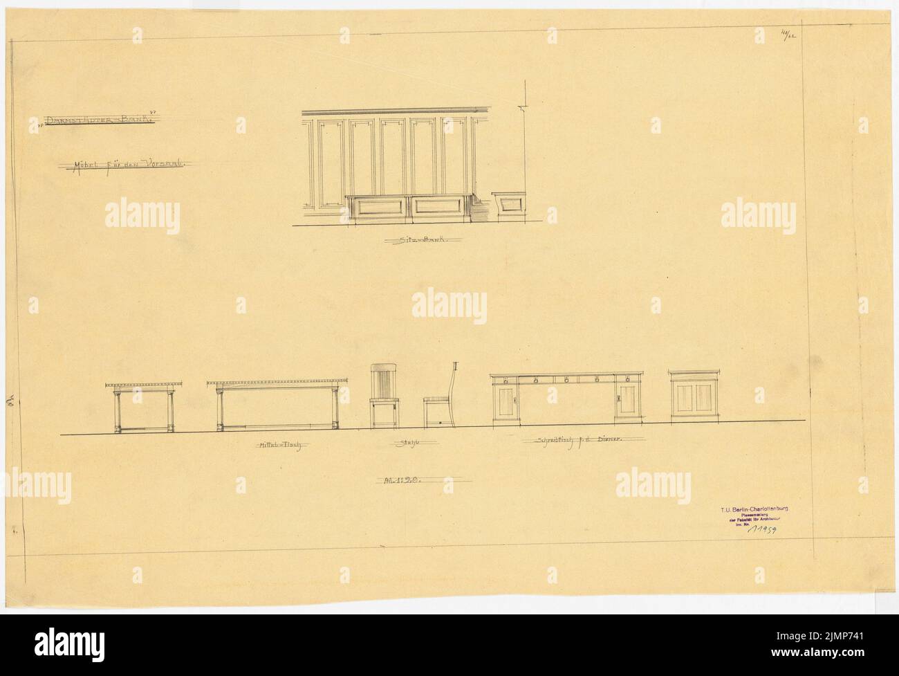 Messel Alfred (1853-1909), Darmstadt Bank für Handel und Industrie, Berlin. Neue Einrichtung (1902-1902): Quadratische Möbel 1:20. Bleistift auf transparent, 48,1 x 70,4 cm (inklusive Scankanten) Messel Alfred (1853-1909): Darmstädter Bank für Handel und Industrie, Berlin. Neueinrichtung Stockfoto