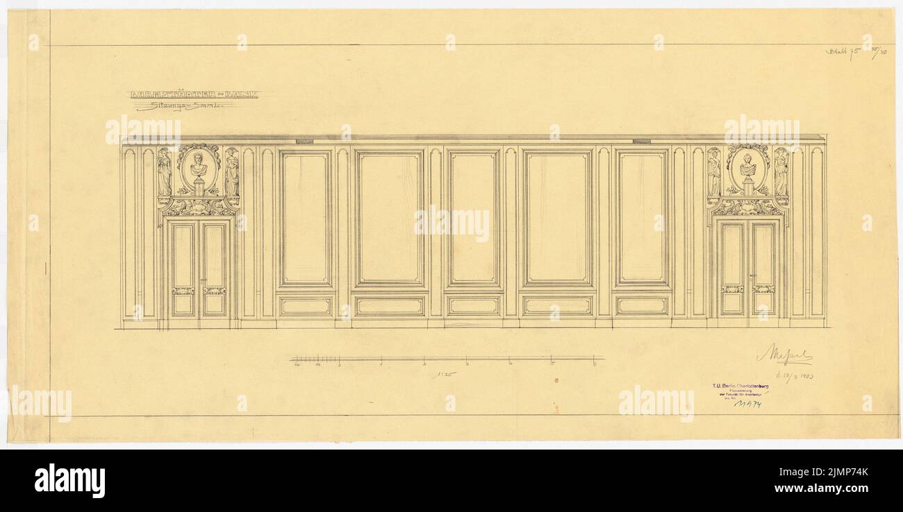 Messel Alfred (1853-1909), Darmstadt Bank für Handel und Industrie, Berlin. Neue Einrichtung (18. März 1903): Wallwear im Sitzungssaal 1:25 Uhr. Bleistift auf transparent, 42,5 x 85,3 cm (inklusive Scankanten) Messel Alfred (1853-1909): Darmstädter Bank für Handel und Industrie, Berlin. Neueinrichtung Stockfoto