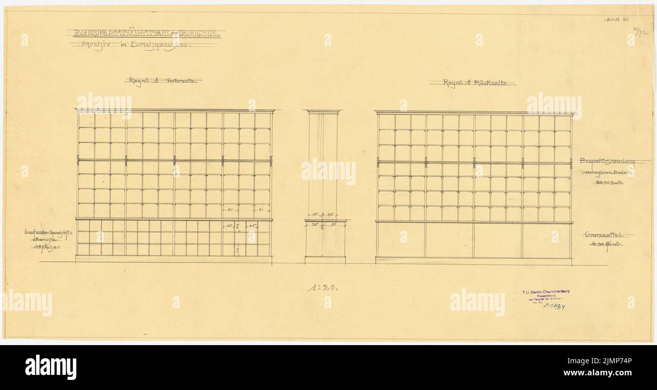 Messel Alfred (1853-1909), Darmstadt Bank für Handel und Industrie, Berlin. Neue Einrichtung (1902-1902): Regale im Dachgeschoss-Archiv 1:20. Bleistift auf transparent, 38,4 x 73,1 cm (inklusive Scankanten) Messel Alfred (1853-1909): Darmstädter Bank für Handel und Industrie, Berlin. Neueinrichtung Stockfoto