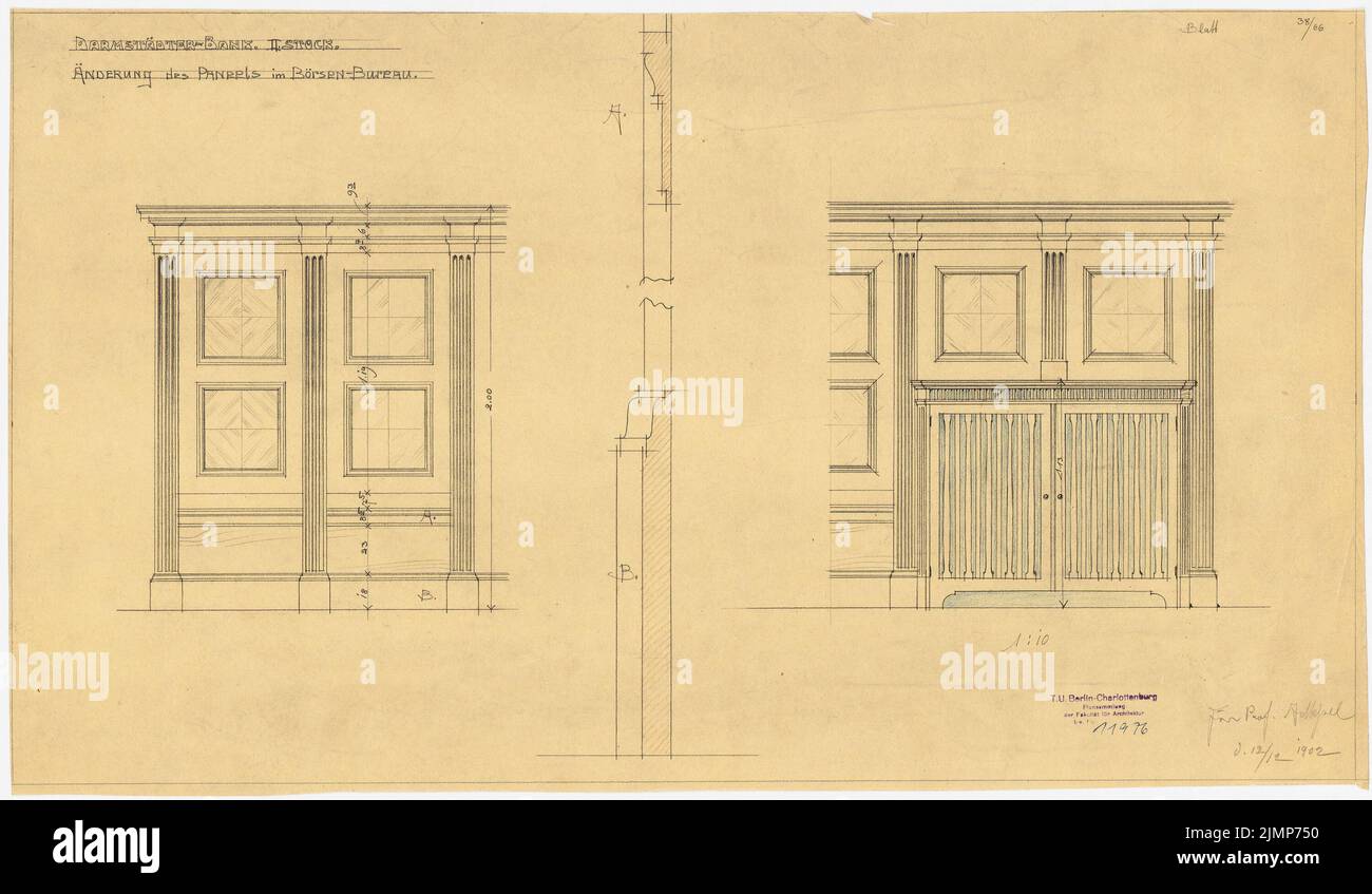 Messel Alfred (1853-1909), Darmstadt Bank für Handel und Industrie, Berlin. Neue Einrichtung (12.12.1902): Wandtafel in der Börsenstelle 1:10 Uhr. Bleistift, Buntstift auf Transparent, 39,5 x 67,7 cm (inklusive Scankanten) Messel Alfred (1853-1909): Darmstädter Bank für Handel und Industrie, Berlin. Neueinrichtung Stockfoto