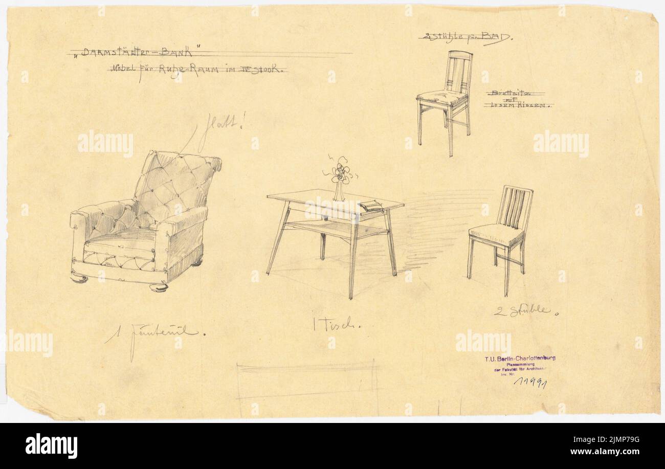 Messel Alfred (1853-1909), Darmstadt Bank für Handel und Industrie, Berlin. Neue Einrichtung (1902-1902): Möbel im Richtungsraum. Bleistift auf transparent, 31,5 x 49,5 cm (inklusive Scankanten) Messel Alfred (1853-1909): Darmstädter Bank für Handel und Industrie, Berlin. Neueinrichtung Stockfoto