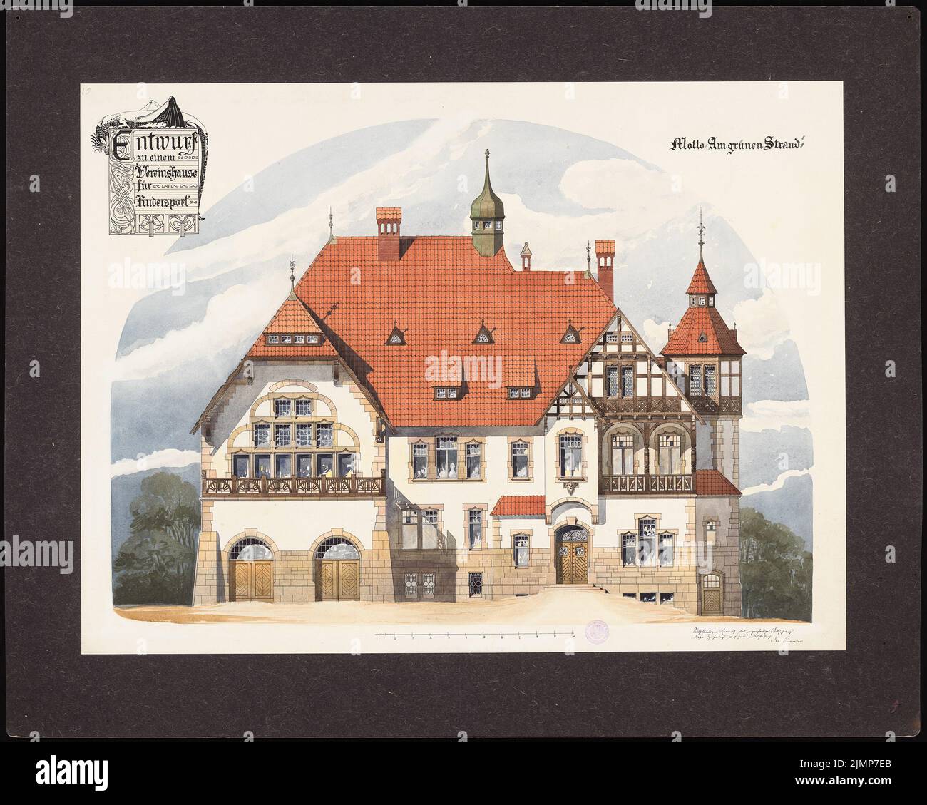 Müller Otto, Vereinshaus für einen Ruderverein (1904): Blick von der Landseite. Tusche Aquarell auf Papier, 83 x 103,8 cm (inklusive Scankanten) Müller Otto : Vereinshaus für einen Ruderverein Stockfoto