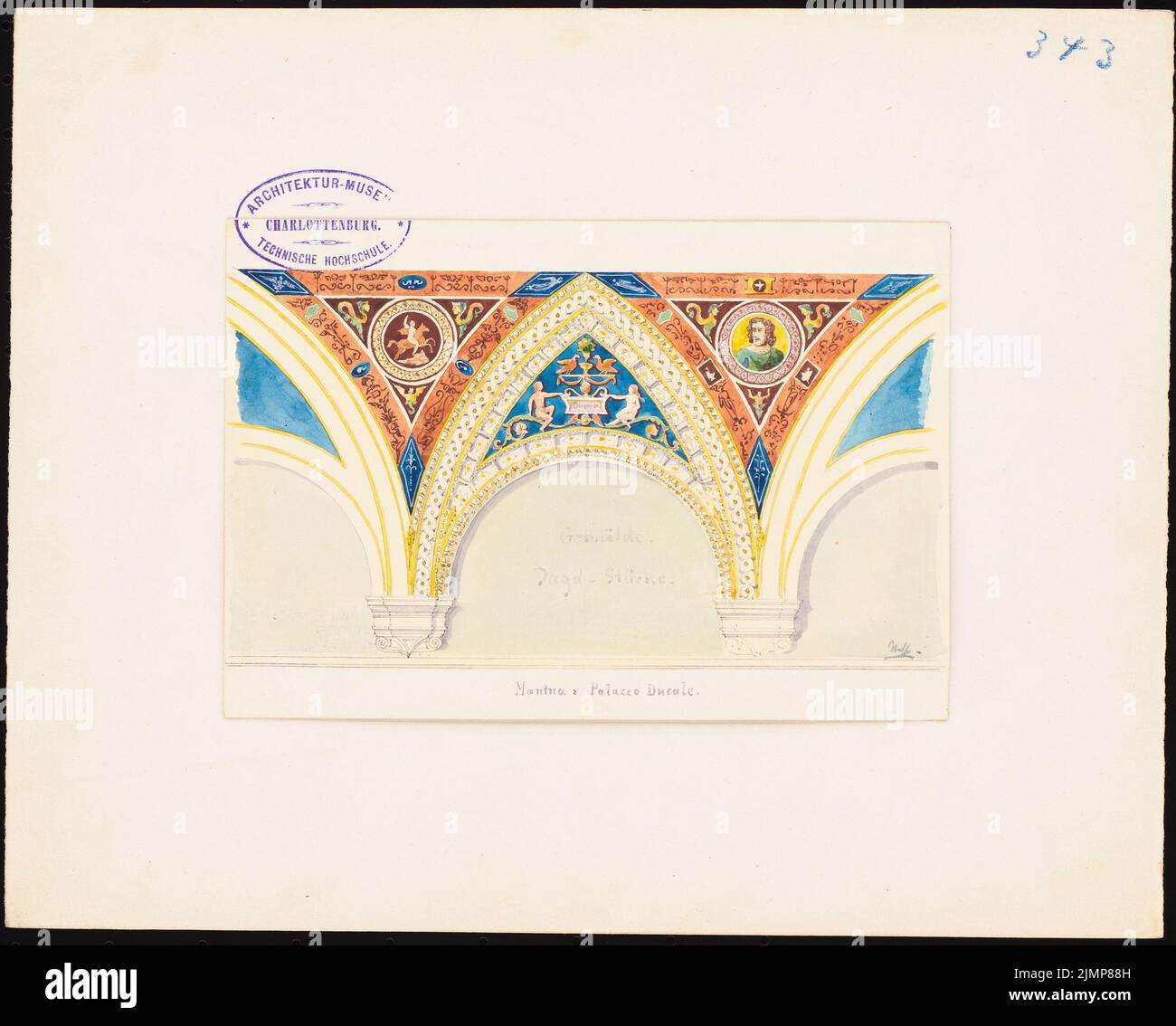 Nohl Maximilian (1830-1863), Palazzo Ducale, Mantua. Vreamed (1858-1858): Ansicht. Bleistift-Aquarell auf der Schachtel, 24,4 x 30,3 cm (inklusive Scankanten) Nohl Maximilian (1830-1863): Palazzo Ducale, Mantua. Gewölbeschmuck Stockfoto