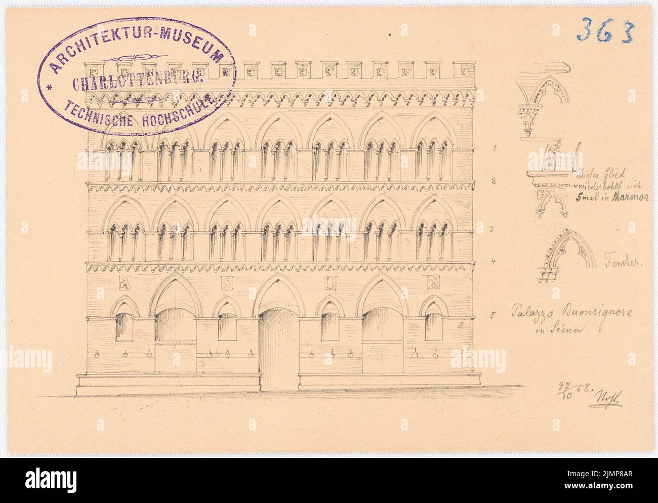 Nohl Maximilian (1830-1863), Palazzo Buonsignore, Siena (27. Oktober 1858): Blick. Bleistift auf Karton, 10,3 x 14,8 cm (inklusive Scankanten) Nohl Maximilian (1830-1863): Palazzo Buonsignore, Siena Stockfoto
