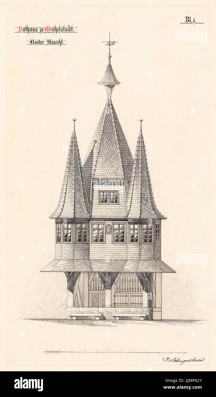 Lehmstübner Paul (1855-1916), Rathaus in Michelstadt (1897): Vorderansicht 1:50. Tinte auf Karton, 58,8 x 34,3 cm (inklusive Scankanten) Lehmstübner Paul (1855-1916): Rathaus, Michelstadt Stockfoto