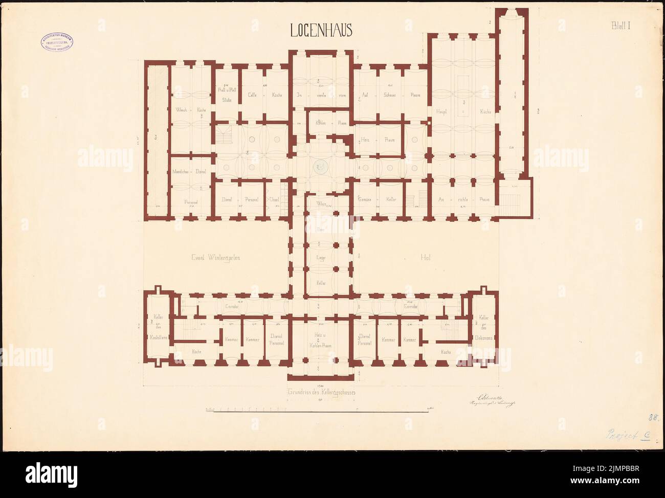 Schwatlo Carl (1831-1884), Logenhaus Royal York, Berlin (ohne dat.): Grundriss UG. Tusche Aquarell auf der Schachtel, 63,4 x 93,2 cm (inklusive Scan-Kanten) Schwatlo Carl (1831-1884): Logengebäude Royal York, Berlin Stockfoto