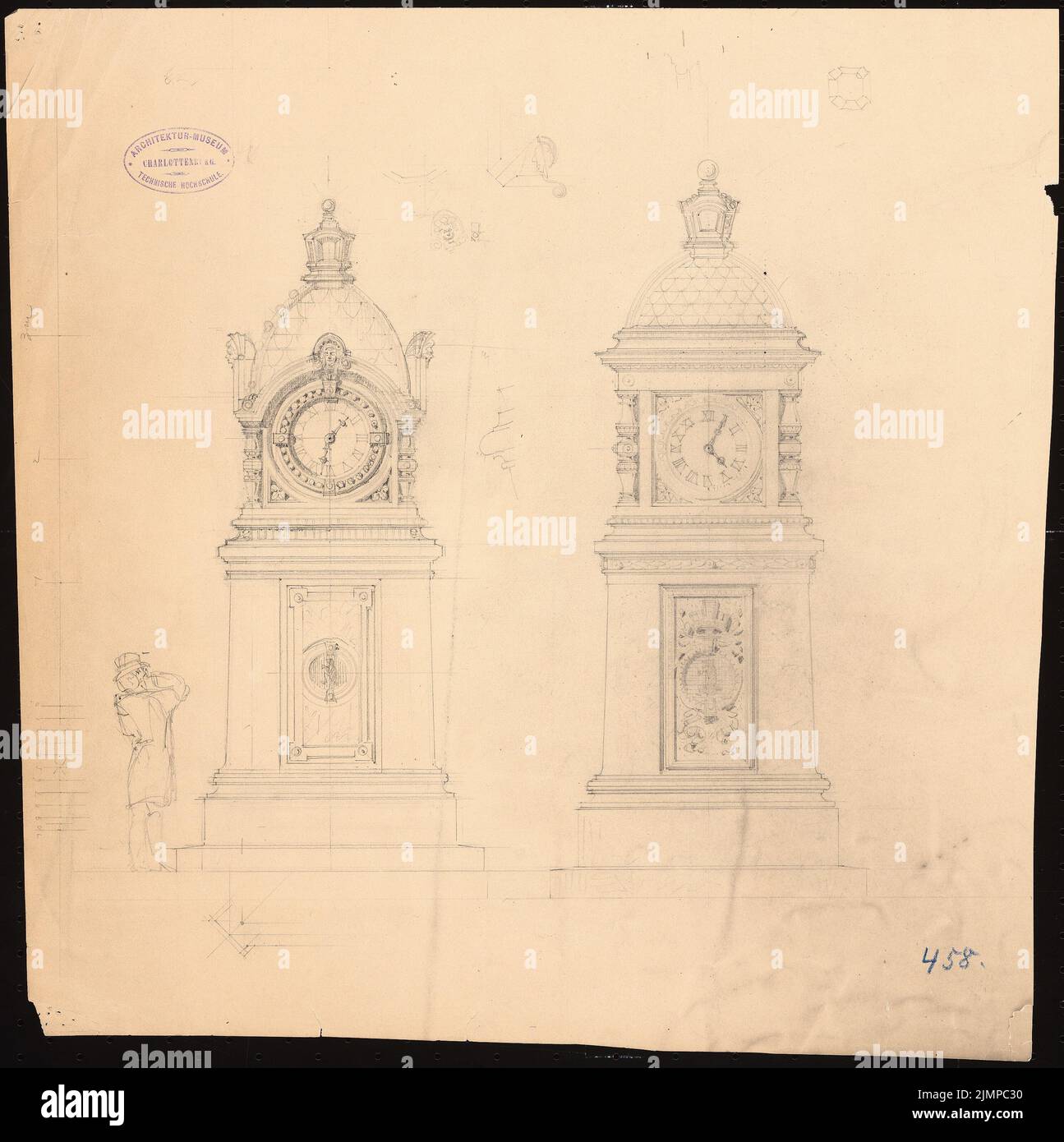 Hoffmann Emil (1845-1901), Normaluhr, Breslau. Monatlicher Wettbewerb November 1883 (keine Originalzeichnung) (11,1883): Vorskizzen zu sehen. Bleistift auf Karton, 43,2 x 43,1 cm (inklusive Scankanten) Hoffmann Emil (1845-1901): Normaluhr, Breslau. Monatskonkurrenz November 1883 (nicht Originalzeichnung) Stockfoto