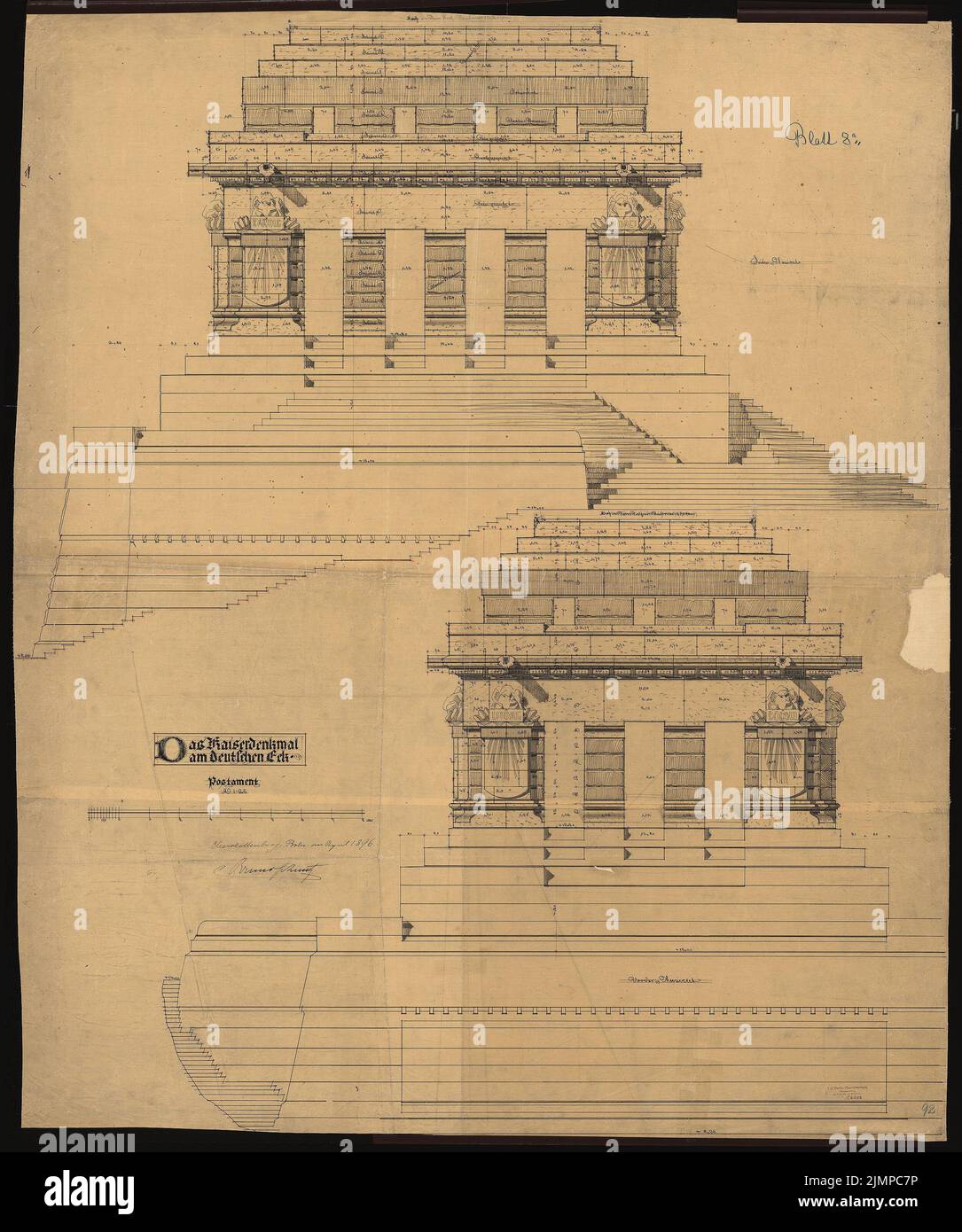 Schmitz Bruno (1858-1916), Denkmal auf dem »Deutschen Eck« in Koblenz (04,1896): 2 postamentarische Ansichten, geänderte Fassung 1:25. Tinte, Bleistift, Tusche auf Transparent, 151,7 x 126,6 cm (inklusive Scankanten) Schmitz Bruno (1858-1916): Denkmal auf dem »Deutschen Eck«, Koblenz Stockfoto