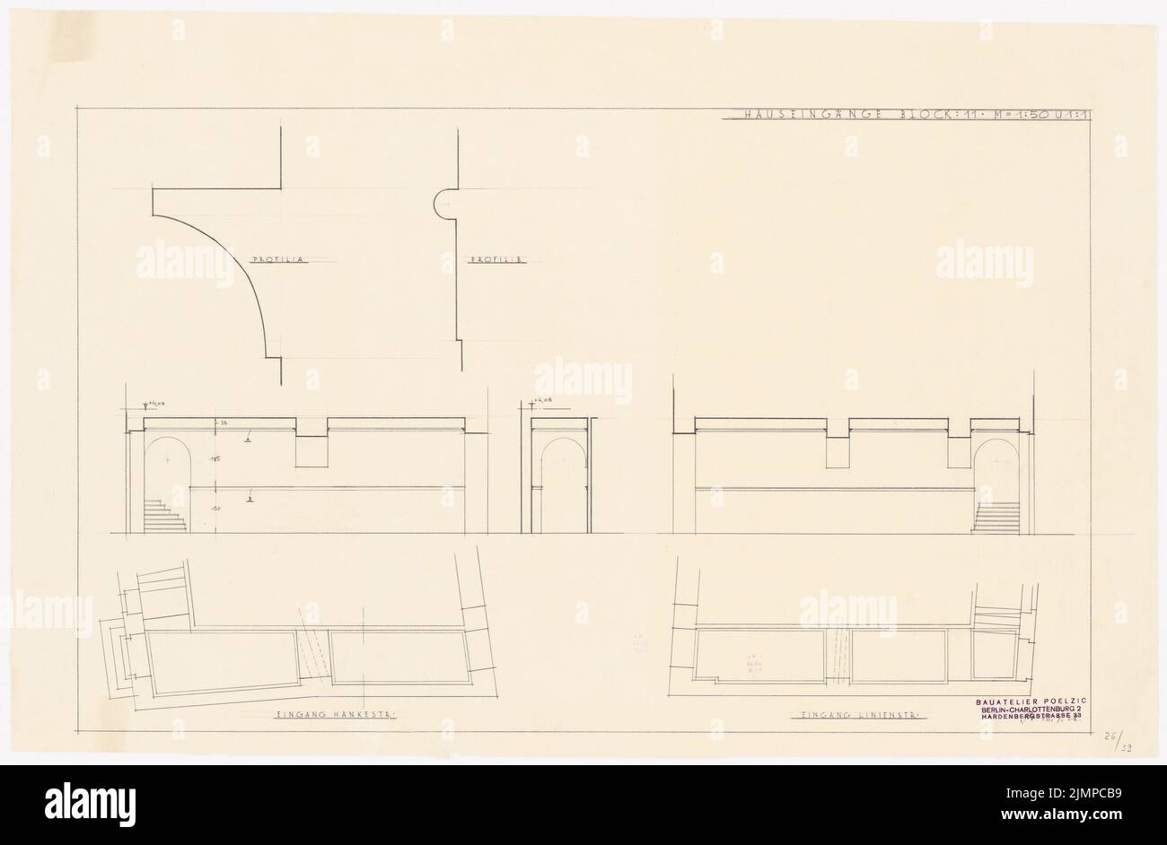 Poelzig Hans (1869-1936), Neugestaltung der Umgebung des Bülowplatzes (Scheunenviertel) in Berlin. Babylon und Wohngebäude (12. September 1928): Block 11, Haankestr. Und Linienstr. 1:50 Uhr. Bleistift auf Transparent, 50 x 76,2 cm (inklusive Scankanten) Poelzig Hans (1869-1936): Neugestaltung der Umgebung des Bülowplatzes (Scheunenviertel), Berlin. Lichtspielhaus Babylon und Wohnbauten Stockfoto