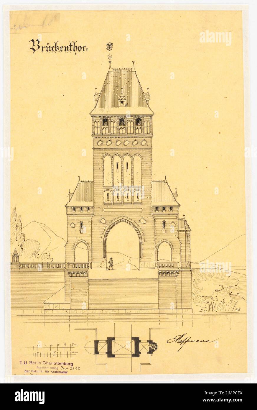 Hoffmann Emil (1845-1901), Brückentor (ohne Datum): Ansicht 1: 300, Grundriß 1: 600. Tinte auf Transparent, 38 x 25,5 cm (inklusive Scankanten) Hoffmann Emil (1845-1901): Brückentor Stockfoto
