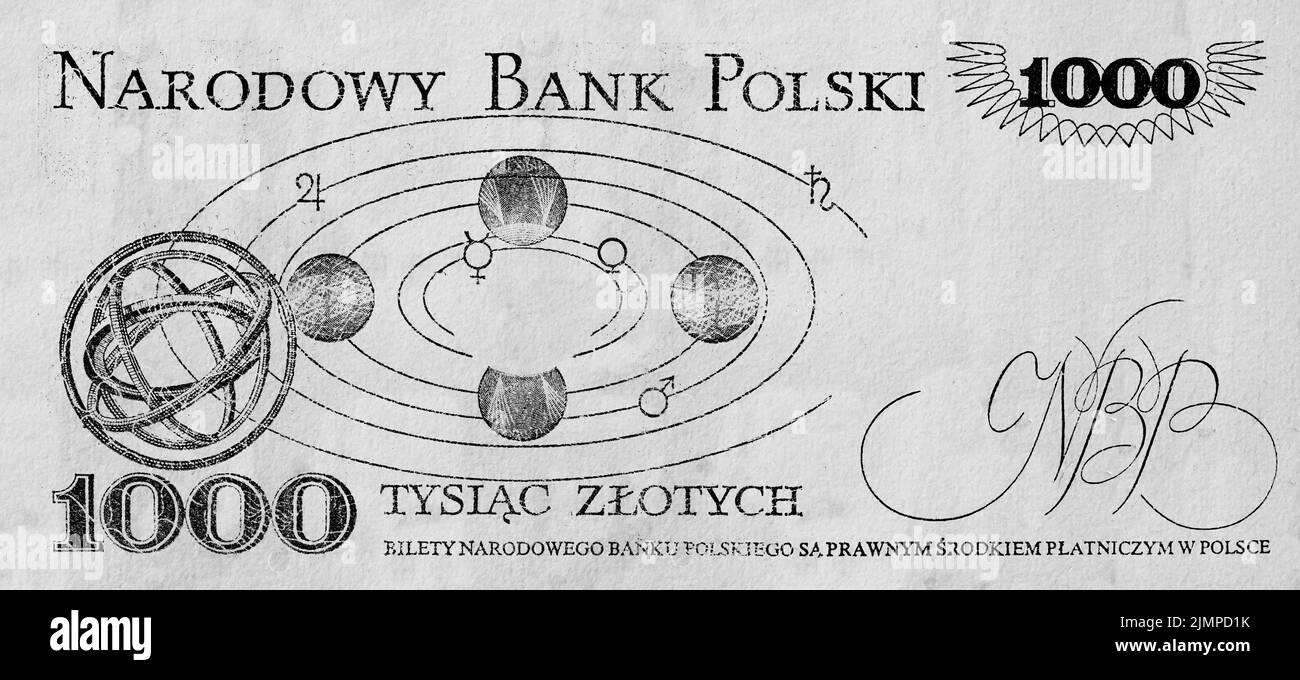 Rückseite von 1000 polnischem Zloty mit leerem Raum für Designzwecke Stockfoto