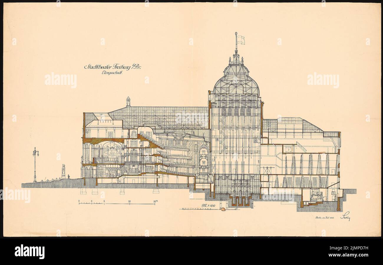 Seeling Heinrich (1852-1932), Stadttheater Freiburg/Breisgau (07,1910): Längsschnitt 1: 100. Aquarell über Lichtbruch auf Papier, 94,3 x 151,5 cm (inklusive Scankanten) Versiegelung Heinrich (1852-1932): Stadttheater, Freiburg/Breisgau Stockfoto