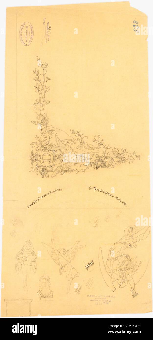 Hoffmann Emil (1845-1901), Schmuckblätter und Dokumente (ohne Datum): Vorskizzen für die deutsche Generalausstellung zur Unfallverhütung Berlin 1889. Bleistift auf Transparent, 59,4 x 28,6 cm (inklusive Scankanten) Hoffmann Emil (1845-1901): Schmuckblätter und Urkunden Stockfoto