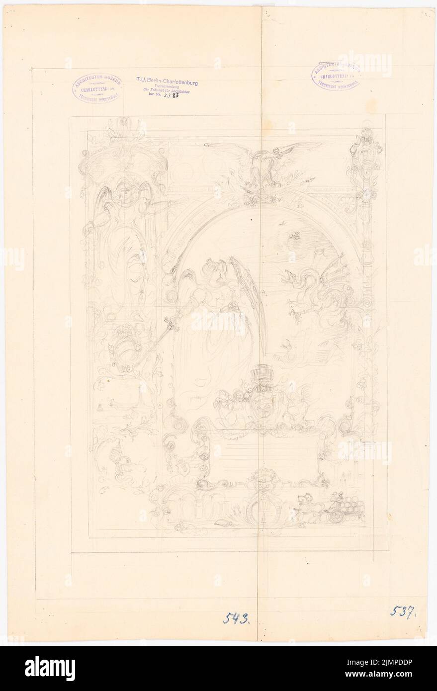 Hoffmann Emil (1845-1901), Schmuckblätter und Dokumente (ohne Datum): Deutsche Gesamtausstellung zur Unfallverhütung Berlin 1889. Bleistift auf Papier, 55,7 x 37,7 cm (inklusive Scankanten) Hoffmann Emil (1845-1901): Schmuckblätter und Urkunden Stockfoto