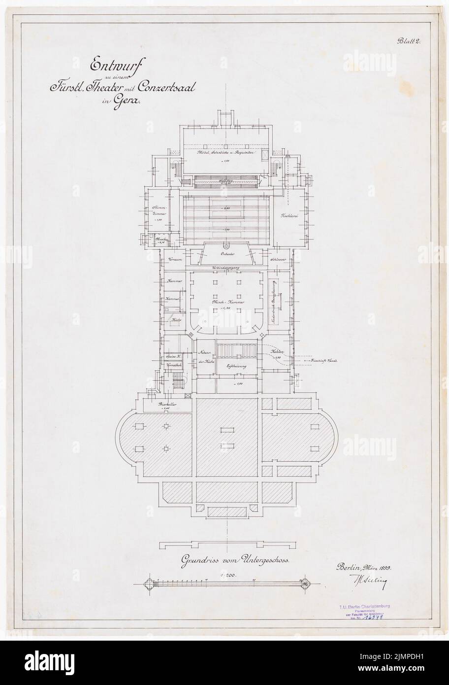 Seeling Heinrich (1852-1932), Fürstenhof-Theater mit Konzertsaal in Gera (1899): Grundriß 1: 200. Tusche auf Transparent, 67 x 47 cm (inklusive Scan-Kanten) Versiegelung Heinrich (1852-1932): Fürstliches Hoftheater mit Konzertsaal, Gera Stockfoto