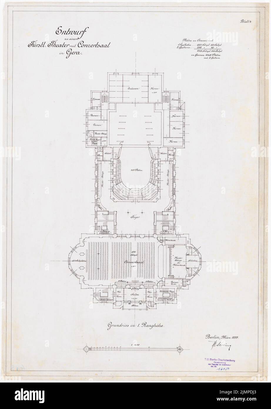 Seeling Heinrich (1852-1932), Fürstenhof-Theater mit Konzertsaal in Gera (03,1899): 1. Ort 1: 200. Tusche auf Transparent, 66,3 x 47 cm (inklusive Scan-Kanten) Versiegelung Heinrich (1852-1932): Fürstliches Hoftheater mit Konzertsaal, Gera Stockfoto