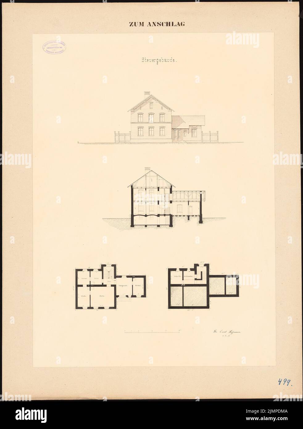 Hoffmann Emil (1845-1901), Steuergebäude (2. Juni 1871): Ansicht, Schnitt, 2 Grundrisse. Tinte auf Karton, 76,4 x 57,8 cm (inklusive Scankanten) Hoffmann Emil (1845-1901): Steuergebäude Stockfoto