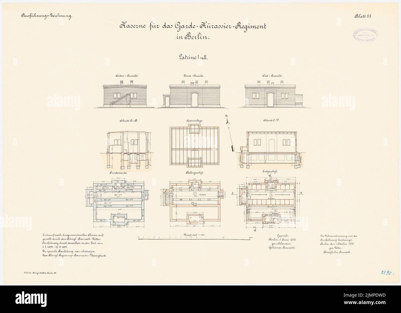 Cousin, Kaserne des Garde-Cuerassier-Regiments und des Königin-Augusta-Garde-Grenadier-Regiments Nr. 4, Berlin (1895-1897): Königin-Augusta-Grenadier-Regiment Nr. 4, Latrine I und II: Grundriss-Stiftungen, Keller, Erdgeschoss, Dachsparren, Querschnitt, Längs. Lithographie auf Karton, 53,3 x 75,1 cm (inklusive Scankanten) Vetter : Kaserne des Garde-Kürassier-Regiments und des Königin-Augusta-Garde-Grenadier-Regiments Nr. 4, Berlin Stockfoto