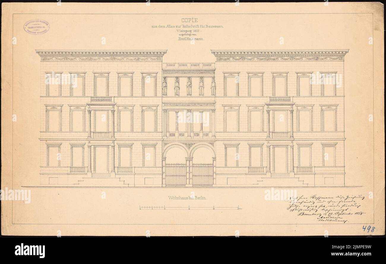 Hoffmann Emil (1845-1901), Kopie einer Fassade aus dem Atlas an die Zeitschrift für Gebäude (22.09.1868): Fassade. Tinte auf Karton, 40,9 x 66,5 cm (inklusive Scankanten) Hoffmann Emil (1845-1901): Copie einer Fassade aus dem Atlas zur Zeitschrift für Bauwesen Stockfoto