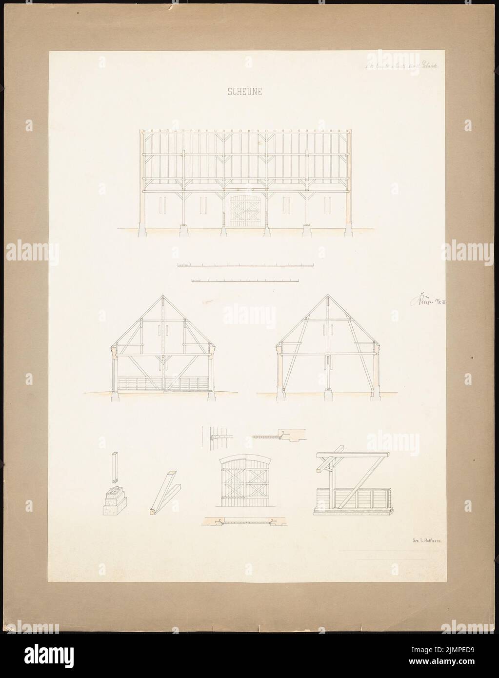 Hoffmann Ludwig (1852-1932), Scheune (1876): 3 Schnitte, Designdetails. Tusche Aquarell auf der Schachtel, 76,6 x 60,3 cm (inklusive Scan-Kanten) Hoffmann Ludwig (1852-1932): Scheune Stockfoto