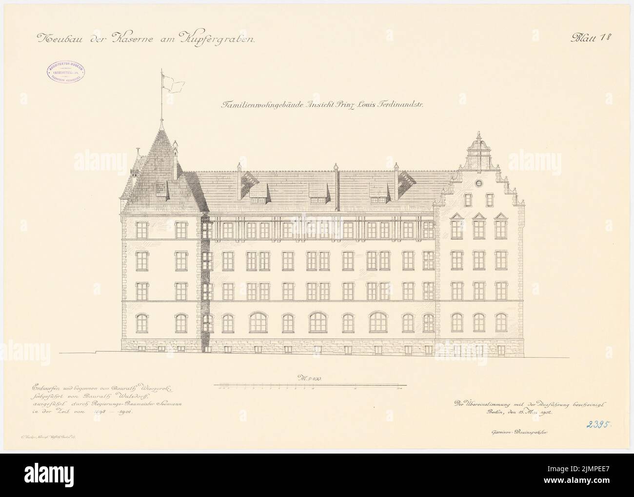 Wieczorek Josef (geb. 1852), Kaserne Kaiser-Alexander-Gardreadier-Regiment, Berlin (1898-1901): Familiengeführtes Gebäude: Ansicht 1: 100. Lithographie auf Karton, 78,9 x 110,3 cm (inklusive Scankanten) Wieczorek Josef (geb. 1852): Kaserne Kaiser-Alexander-Gardegenadier-Regiment, Berlin Stockfoto