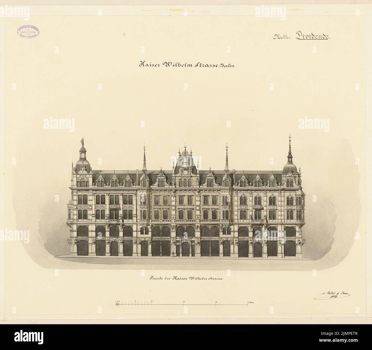 Holst & Zaar, Entwicklung der Kaiser-Wilhelm-Straße in Berlin (1886): Fassade Kaiser-Wilhelm-Str. 1: 150. Tusche Aquarell auf der Schachtel, 67,3 x 77,2 cm (inklusive Scan-Kanten) Holst & Zaar : Bebauung der Kaiser-Wilhelm-Straße, Berlin Stockfoto