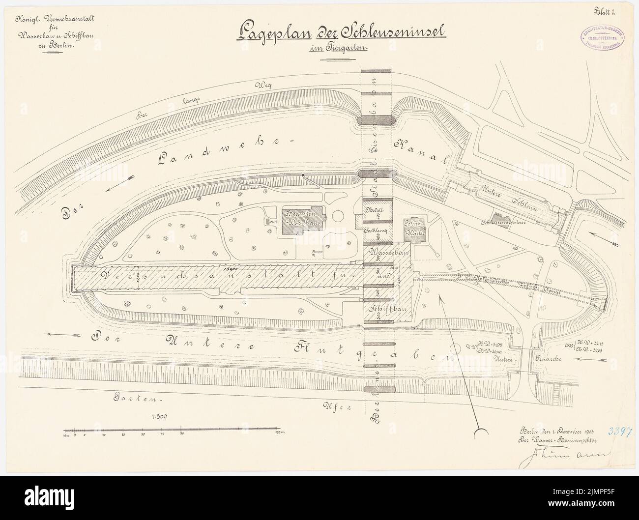 Unbekannter Architekt, Versuch für Wasserbau und Schiffbau, Berlin (1901-1903): Abteilung 1: 500. Lithographie auf Karton, 49 x 65,9 cm (inklusive Scankanten) N.N. : Versuchsanstalt für Wasserbau und Schiffbau, Berlin Stockfoto