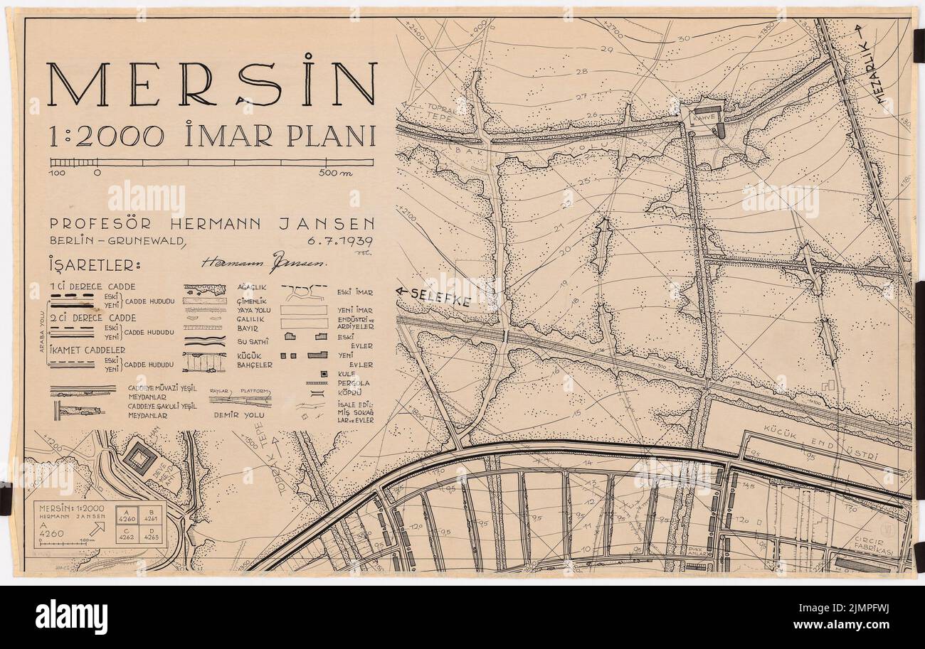 Jansen Hermann (1869-1945), Mersin-Entwicklungsplan (06.07.1939): Lageplan in 4 Teilen, Blatt A 1: 2000. Tusche auf Transparent, 63,6 x 100,3 cm (inklusive Scankanten) Jansen Hermann (1869-1945): Bebauungsplan Mersin Stockfoto