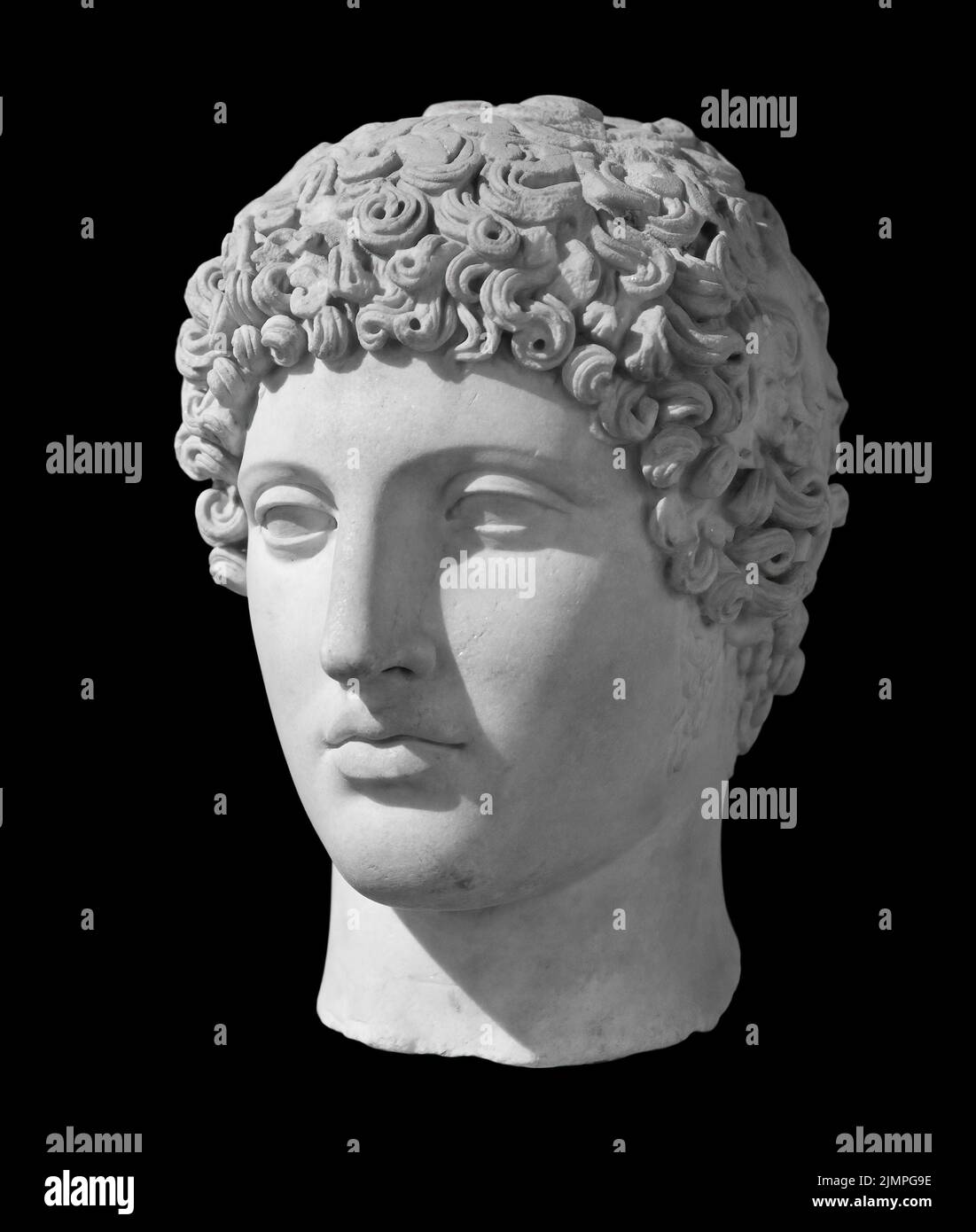 Alte Statue des antiken gottes des Handels, Kaufleute und Reisende Hermes - Merkur. Kopf Skulptur isoliert auf schwarzem Hintergrund Stockfoto