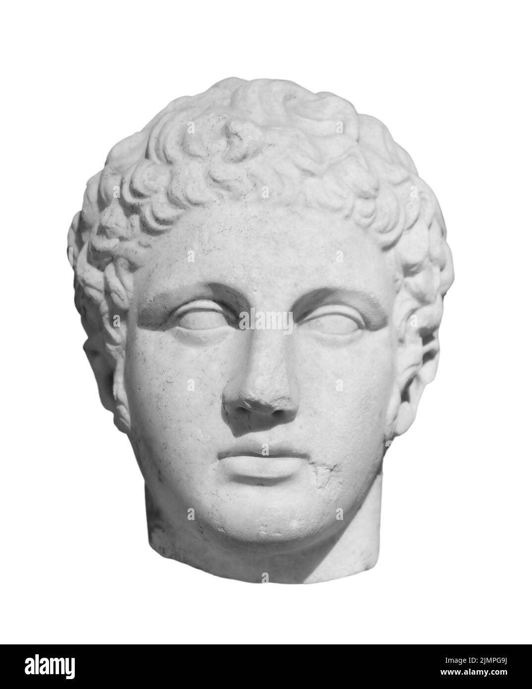 Alte Statue des antiken gottes des Handels, Kaufleute und Reisende Hermes - Merkur. Kopf Skulptur isoliert auf weißem Hintergrund Stockfoto