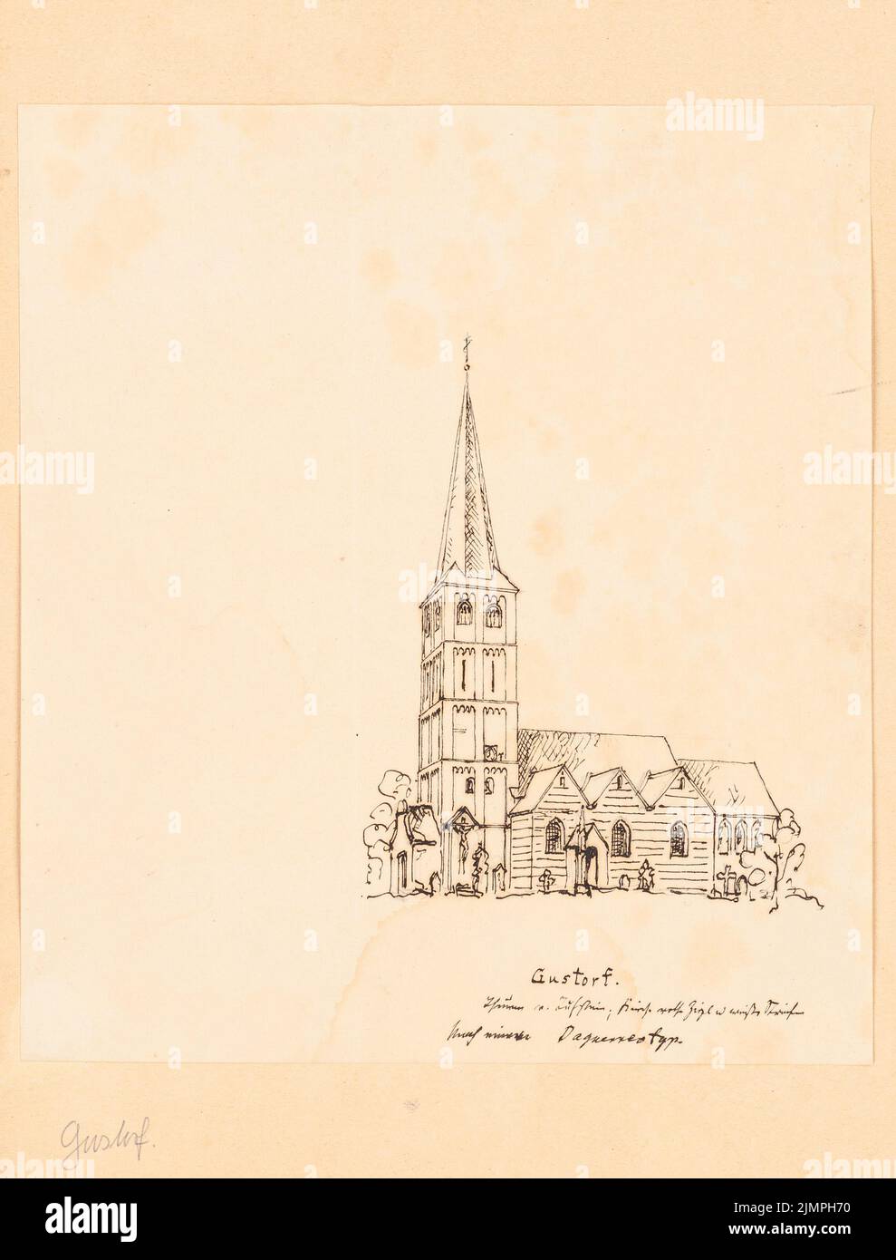 Quast Ferdinand von (1807-1877), Kirche in Gustorf (ohne Datum): Perspektivische Ansicht eines Daguerotyps. Tusche auf Papier, 26,1 x 19,9 cm (inklusive Scankanten) Quast Ferdinand von (1807-1877): Kirche, Gustorf Stockfoto