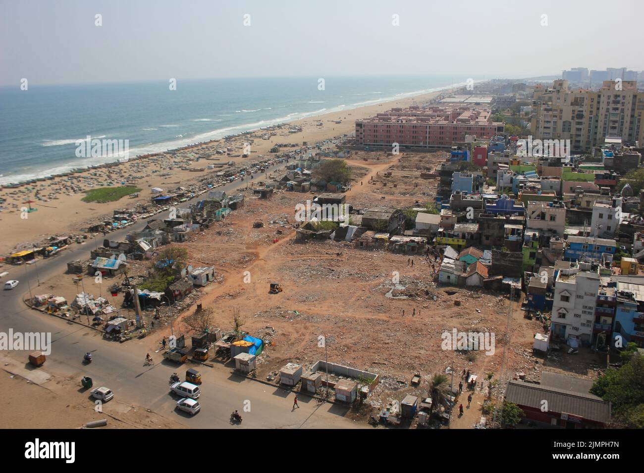 Luftaufnahme des Slums in chennai, Marina Beach Stockfoto