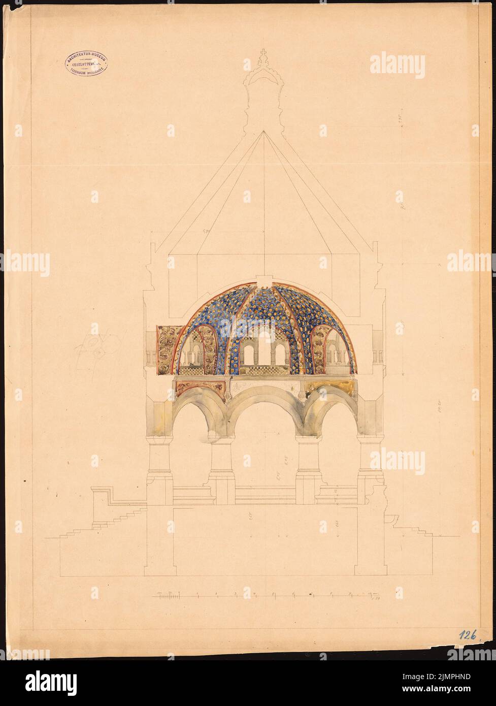 Spitta Max (1842-1902), Kaiserbrunnen in Konstantinopel. 1. Projekt (1899): Querschnitt 1:50. Lichtbruch Wasserfarben auf Papier, 68,5 x 51,4 cm (inklusive Scankanten) Spitta Max (1842-1902): Kaiserbrunnen, Konstantinopel. 1. Projekt Stockfoto