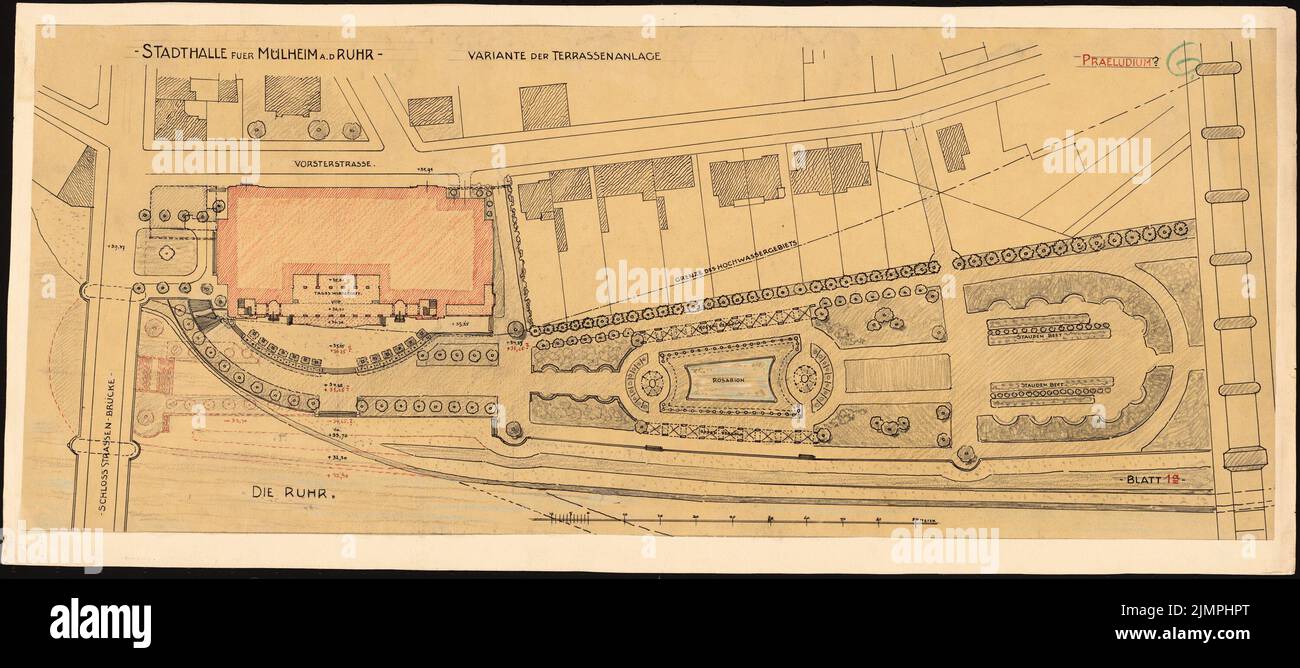 Seeling Heinrich (1852-1932), Rathaus in Mülheim/Ruhr (ca. 1923): Lageplan (Variante). Tusche, Bleistift, Buntstift, Tusche auf Karton, auf Transparent, 31,9 x 71,7 cm (inklusive Scankanten) Versiegelung Heinrich (1852-1932): Stadthalle, Mülheim/Ruhr Stockfoto Seeling Heinrich (1852-1932), Rathaus in Mülheim/Ruhr (ca. 1923): Lageplan (Variante). Tusche, Bleistift, Buntstift, Tusche auf Karton, auf Transparent, 31,9 x 71,7 cm (inklusive Scankanten) Versiegelung Heinrich (1852-1932): Stadthalle, Mülheim/Ruhr Stockfoto