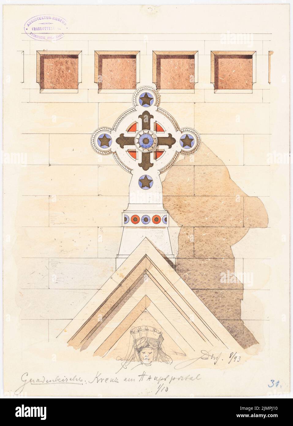 Spitta Max (1842-1902), Evangelische Gnadenkirche in Berlin-Mitte. Ausführungsprojekt (08,1893): Kranz über dem Hauptportal 1:10. Bleistift Aquarell, auf Karton vergoldet, 39,3 x 29 cm (inklusive Scankanten) Spitta Max (1842-1902): Evangelische Gnadenkirche (Augustakirche), Berlin-Mitte. Ausführungsprojekt Stockfoto